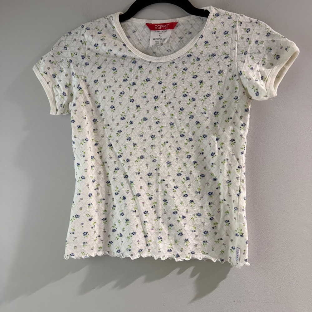 Esprit Kids Top XL White Floral Pointelle Knit Lettuce Trim Short‎ Sleeve
